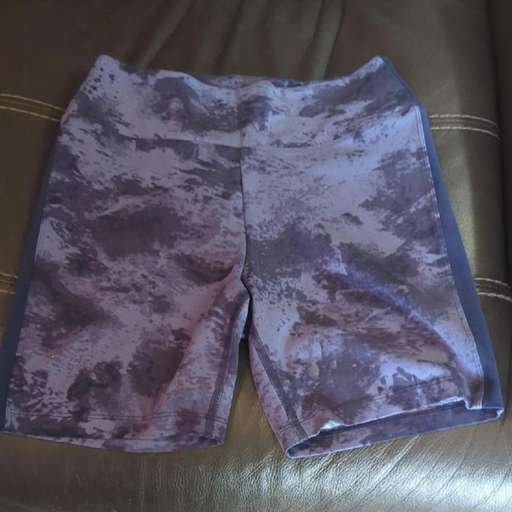 Stylish PINK Victoria's Secret bike shorts in a purple tie-dye pattern